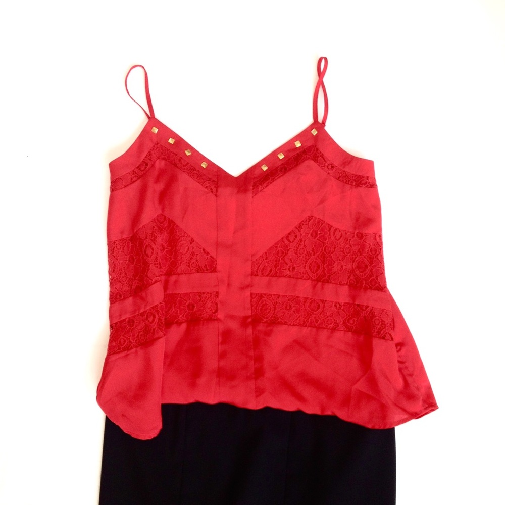 Margo+Sebastian Coral Red Hi-lo Lace Inset V Neck Camisole Tank Top Size Small